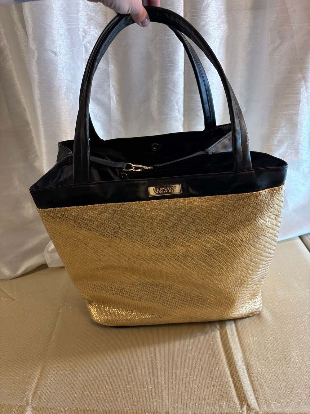 Versace Parfums Gold Straw and Black Faux Leather Tote Bag